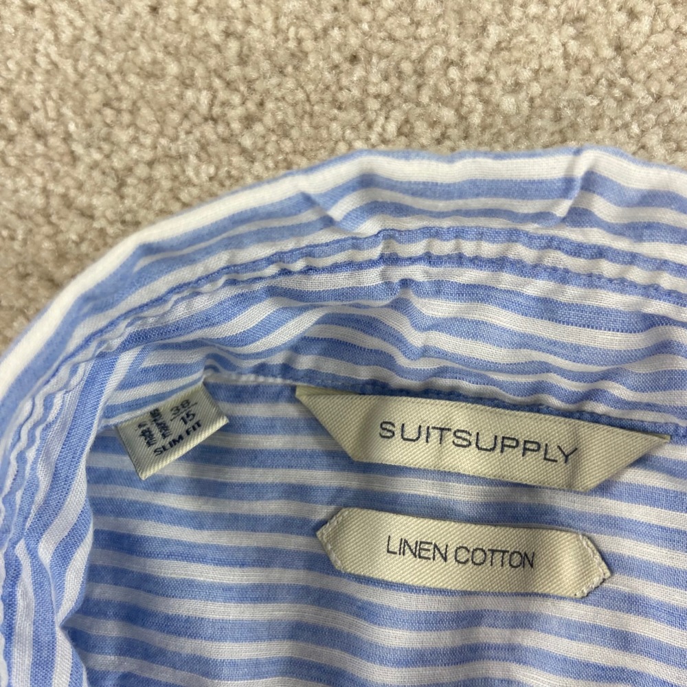 Suitsupply Linen Blend Button Down Shirt Mens 15 Blue White Striped Slim Fit - Picture 7 of 11